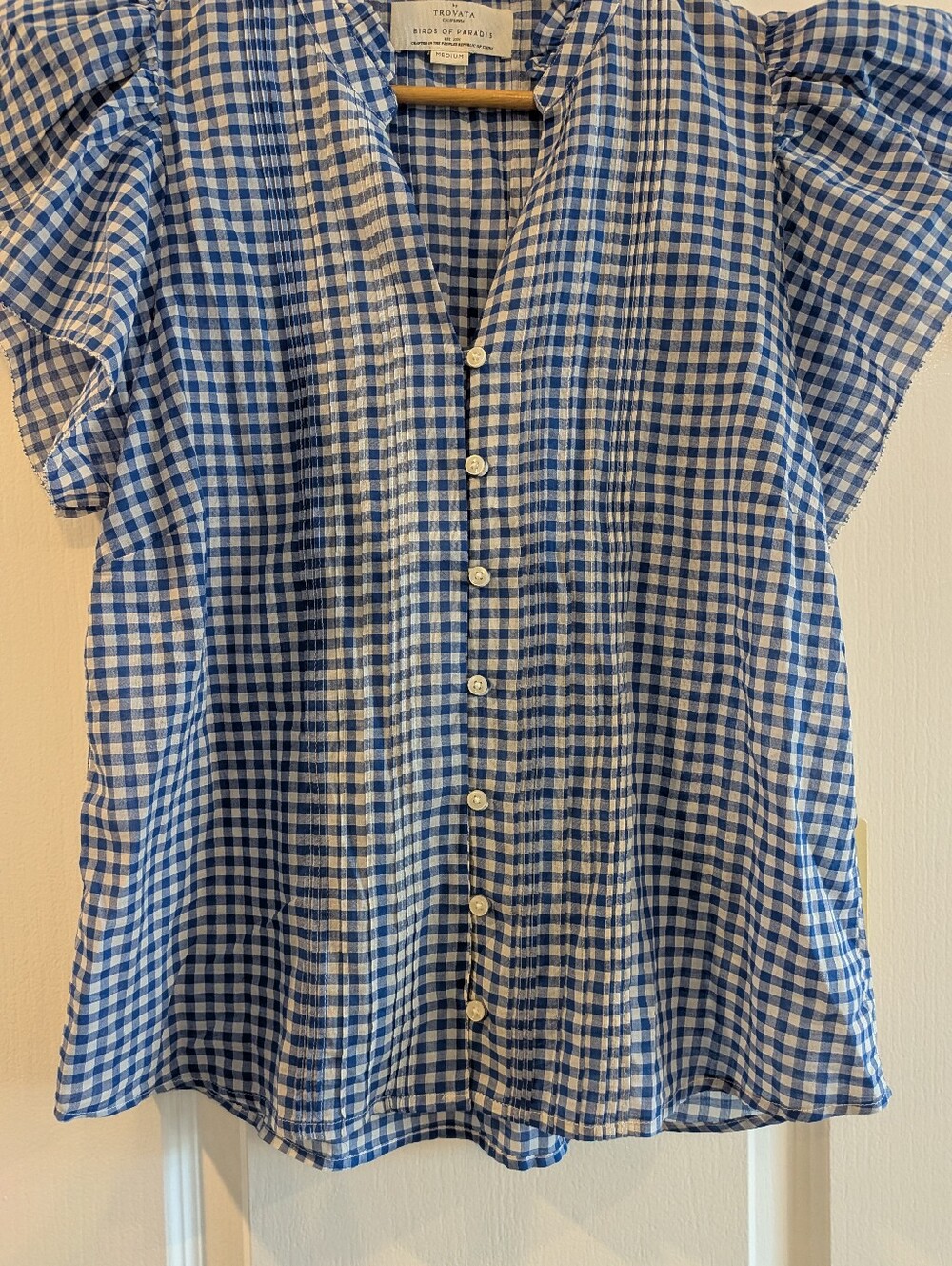 Trovata Birds of Paradise Marianne Shirt Gingham Button Up Blue White Size M NWT - Picture 7 of 16